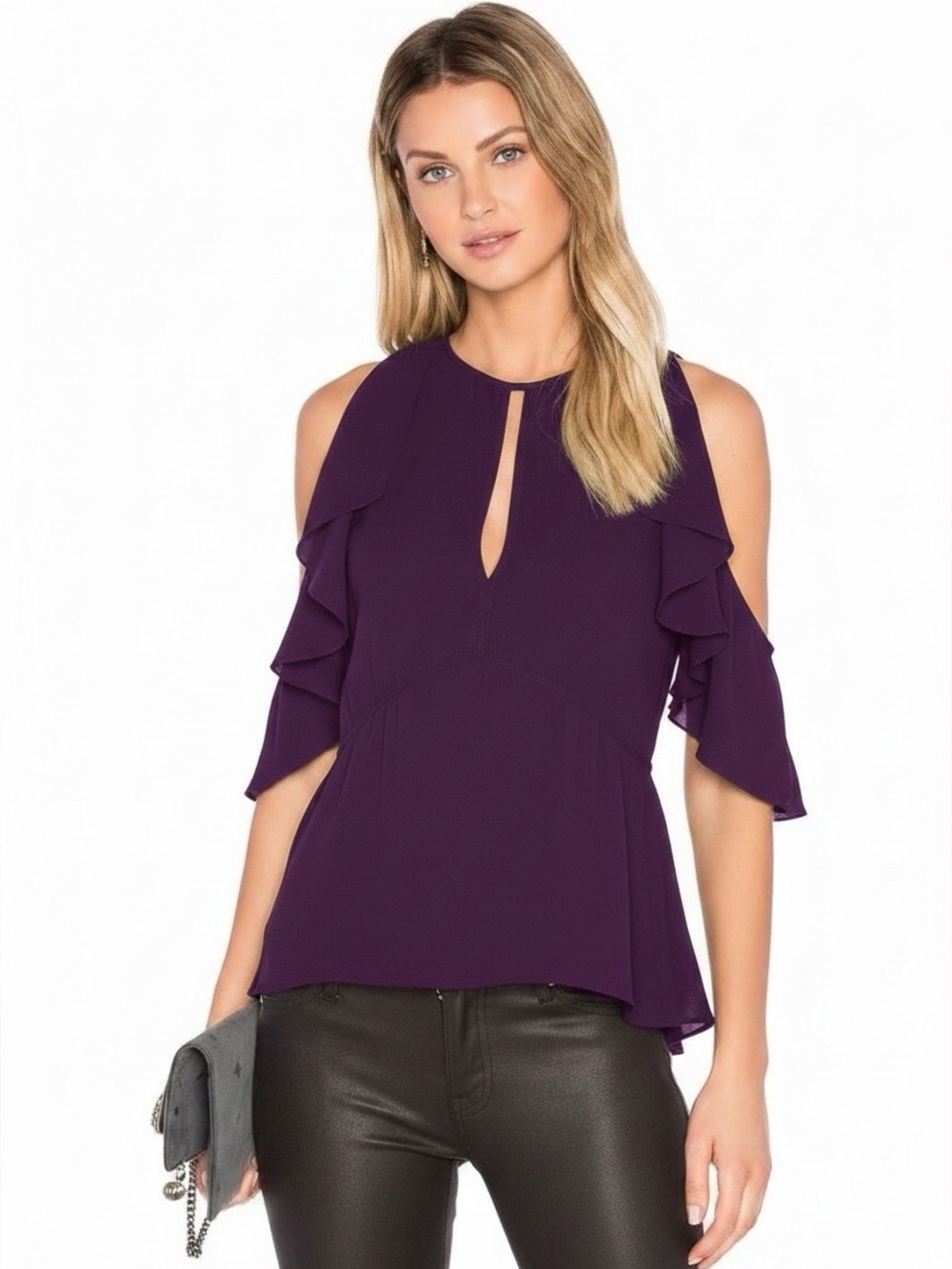 Theory Desiraya Ruffled Cold Shoulder Silk Blouse Purple Size Large